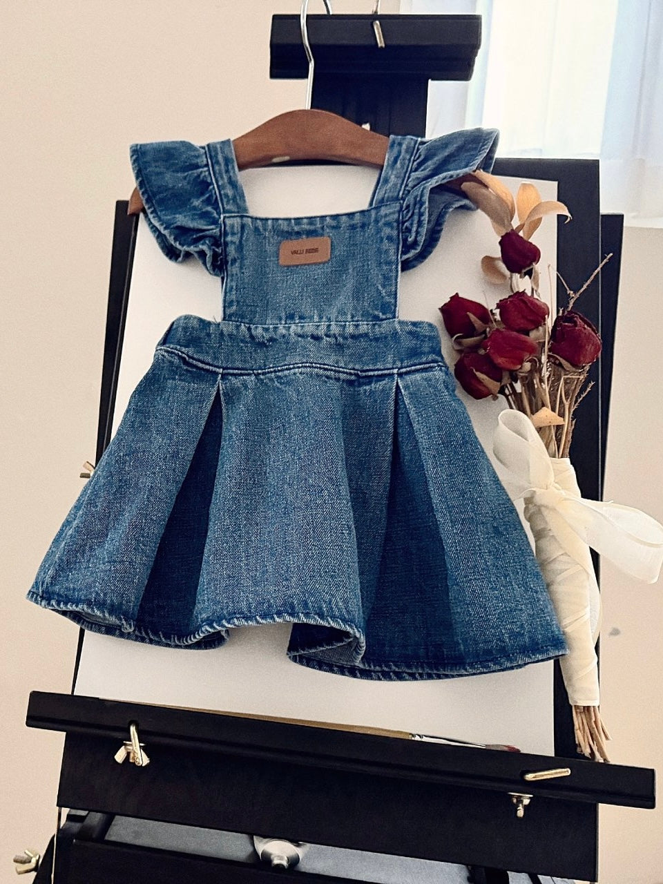 Frill wing denim one piece