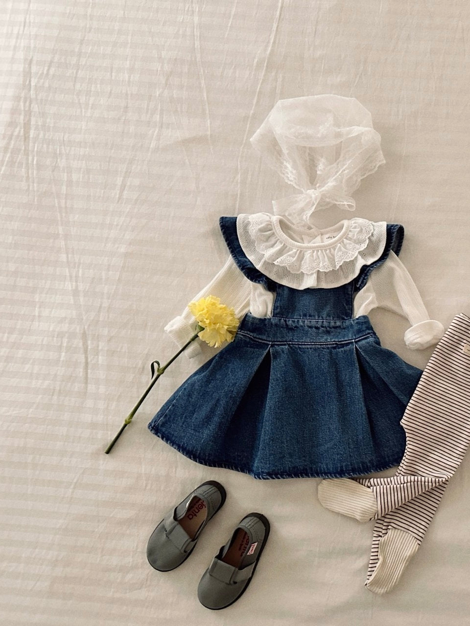 Frill wing denim one piece