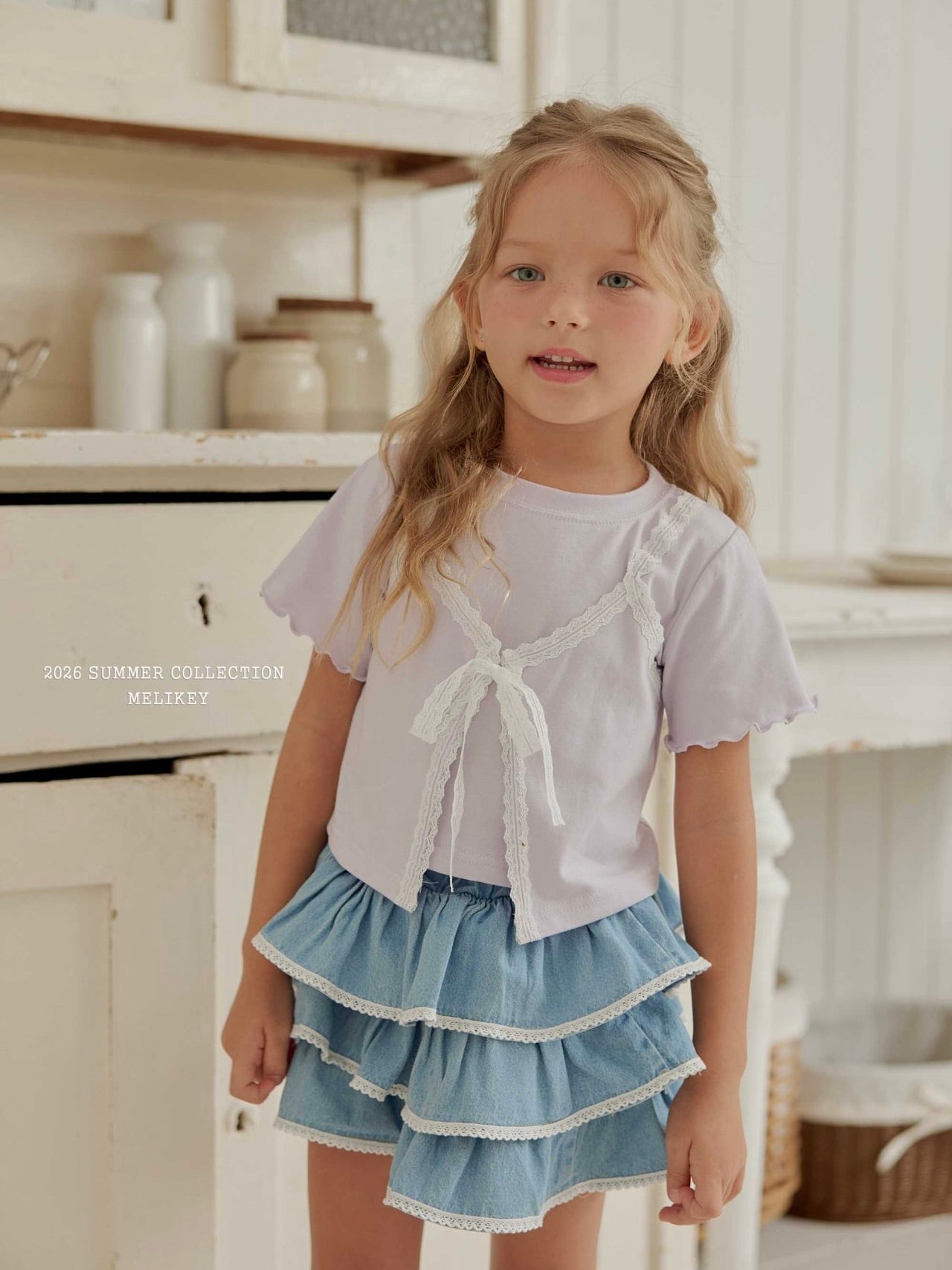 Lace denim tiered skirt