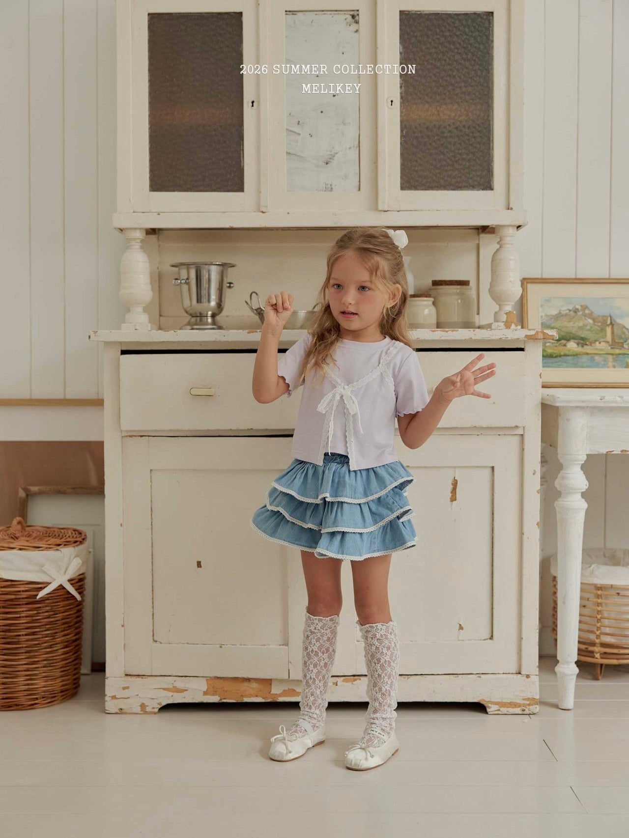 Lace denim tiered skirt