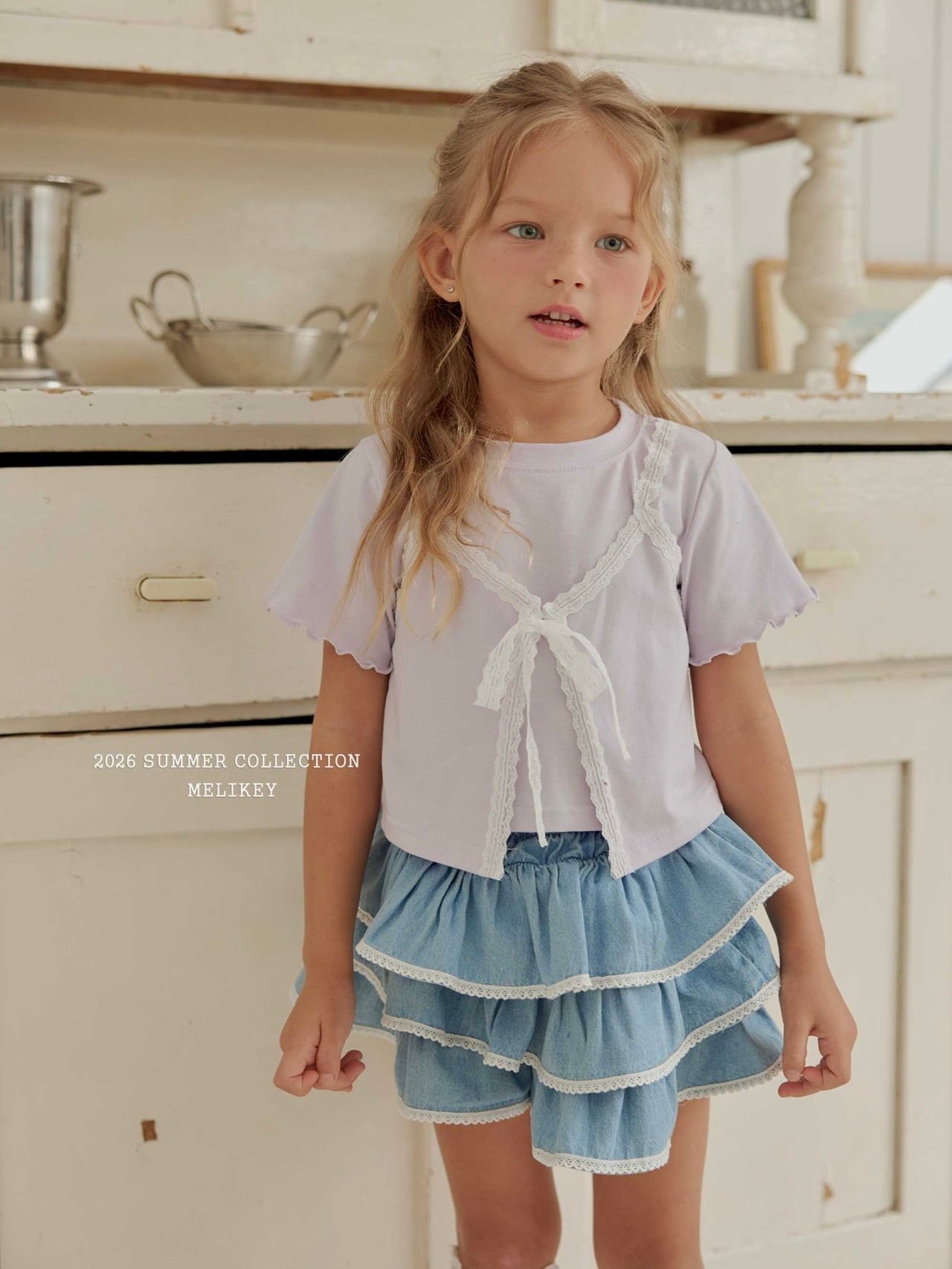 Lace denim tiered skirt
