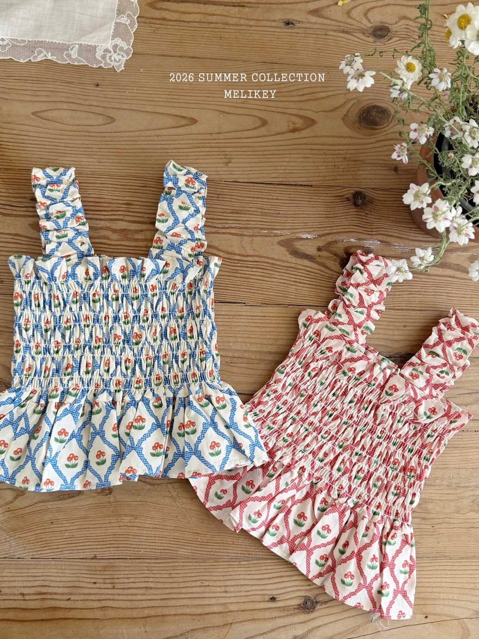 Cherry ribbon tucking blouse