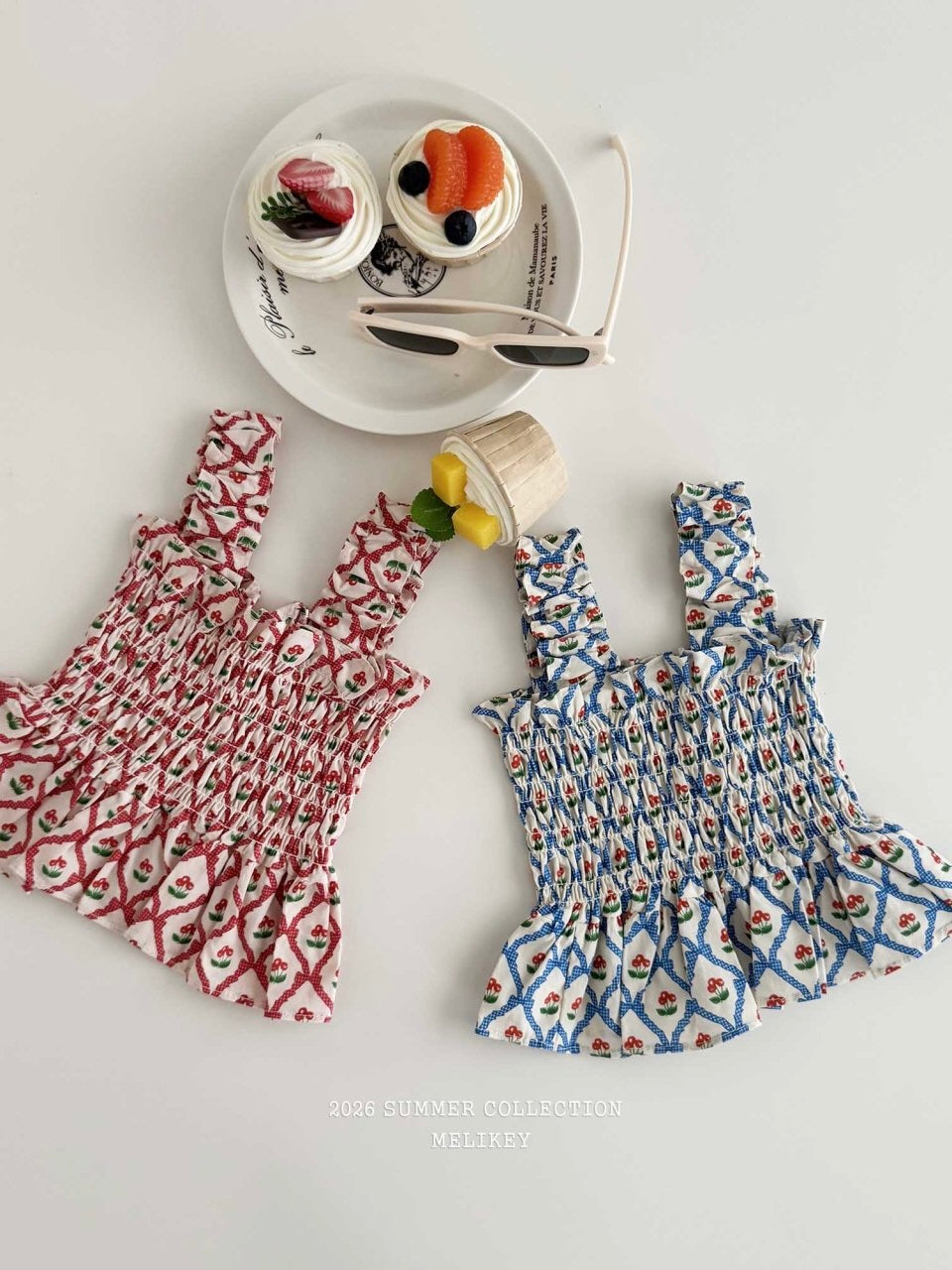 Cherry ribbon tucking blouse