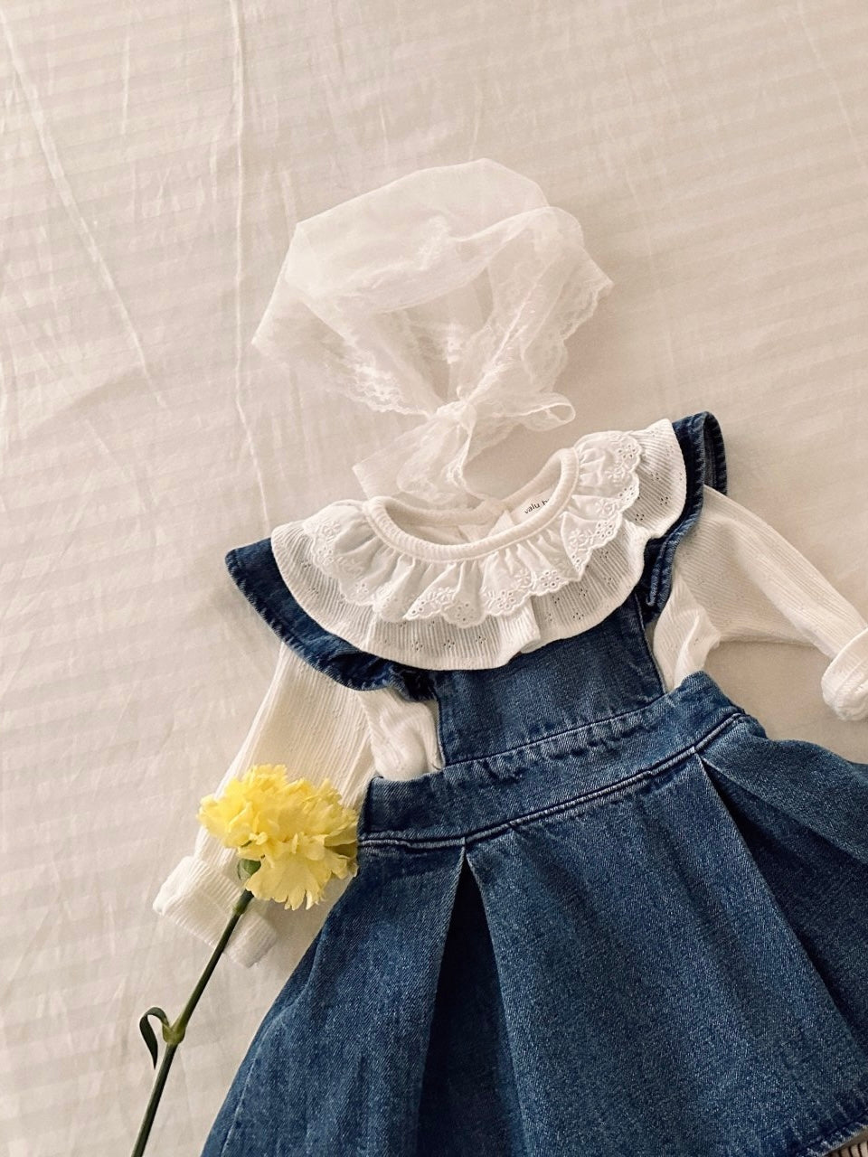 Frill wing denim one piece