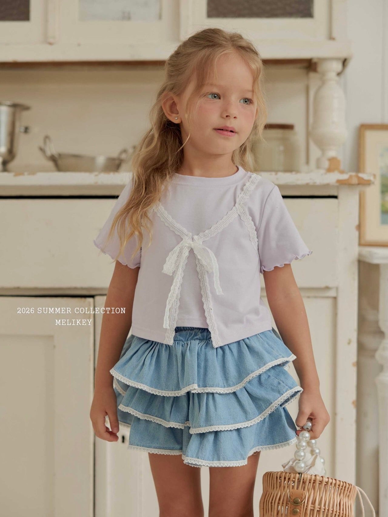 Lace denim tiered skirt