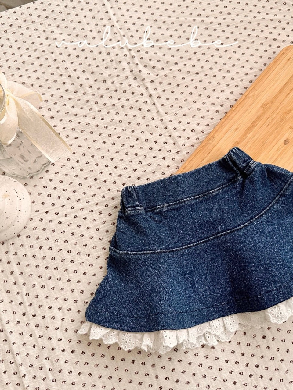 Lace denim frill skirt