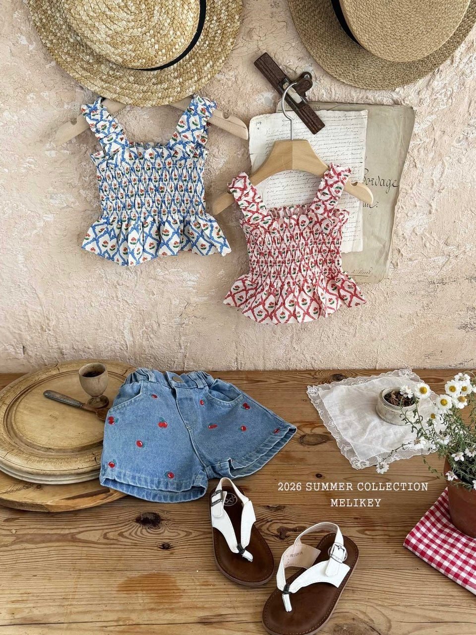 Cherry ribbon tucking blouse