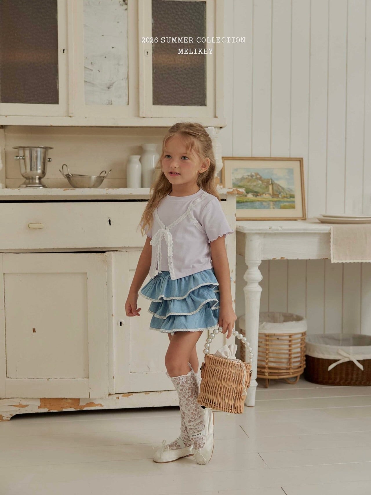 Lace denim tiered skirt