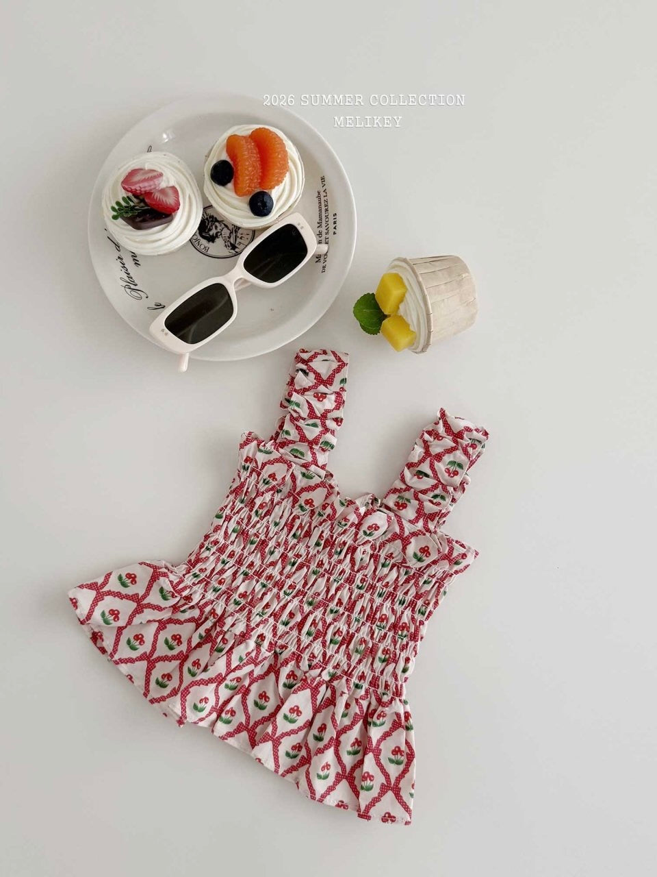 Cherry ribbon tucking blouse