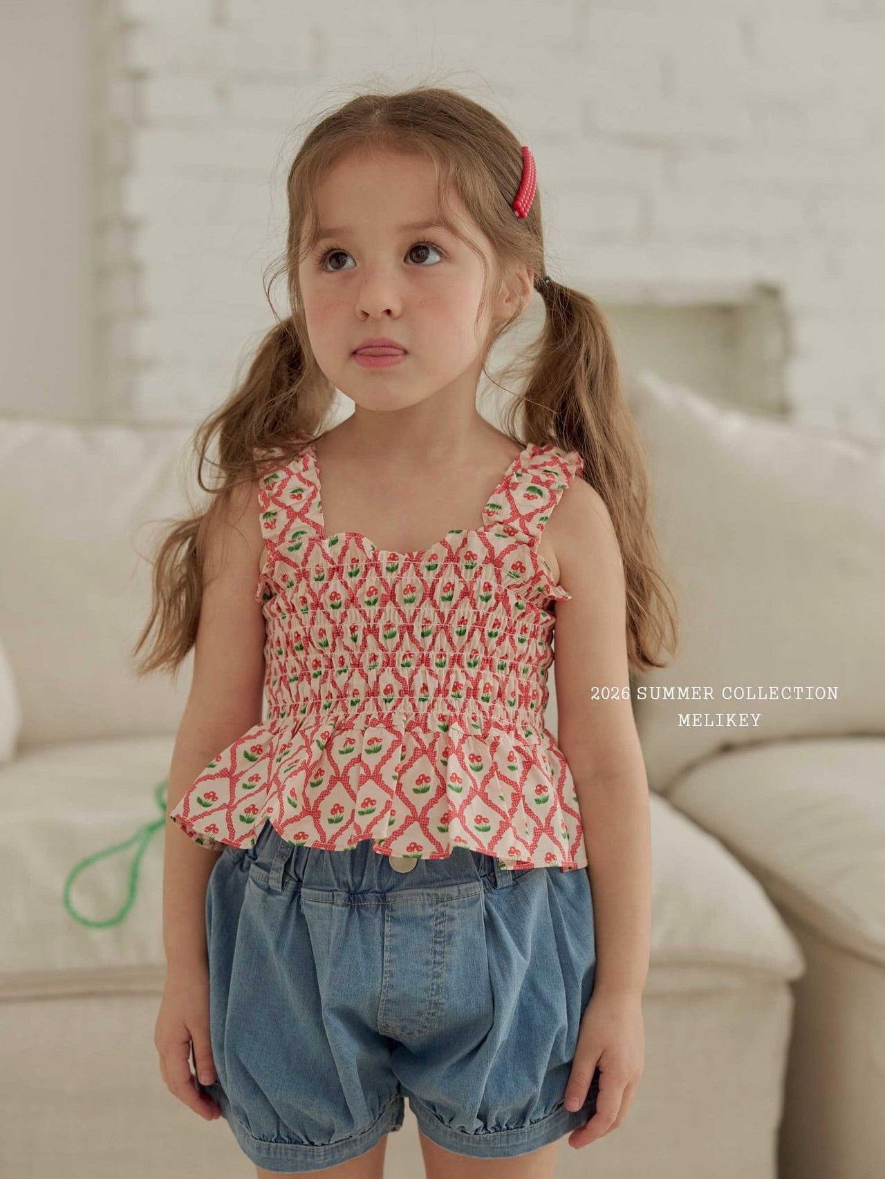 Cherry ribbon tucking blouse