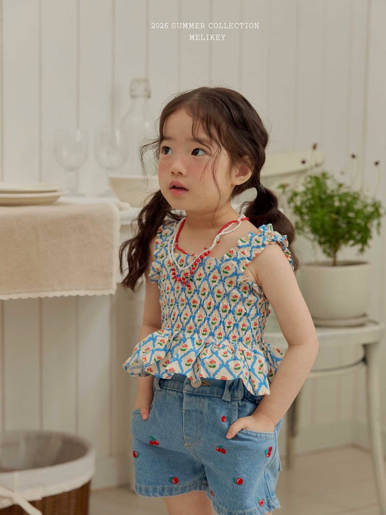 Cherry ribbon tucking blouse