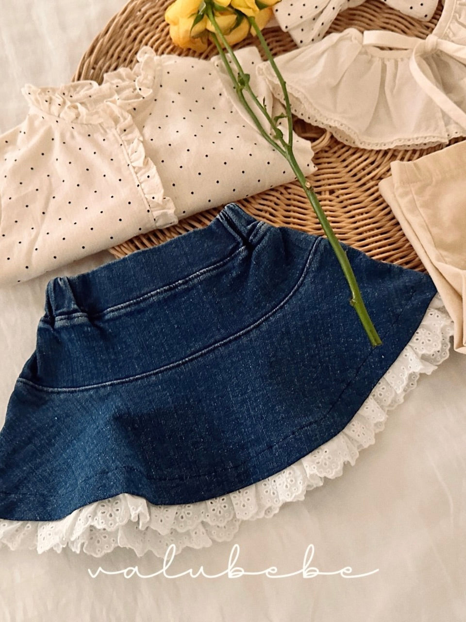 Lace denim frill skirt