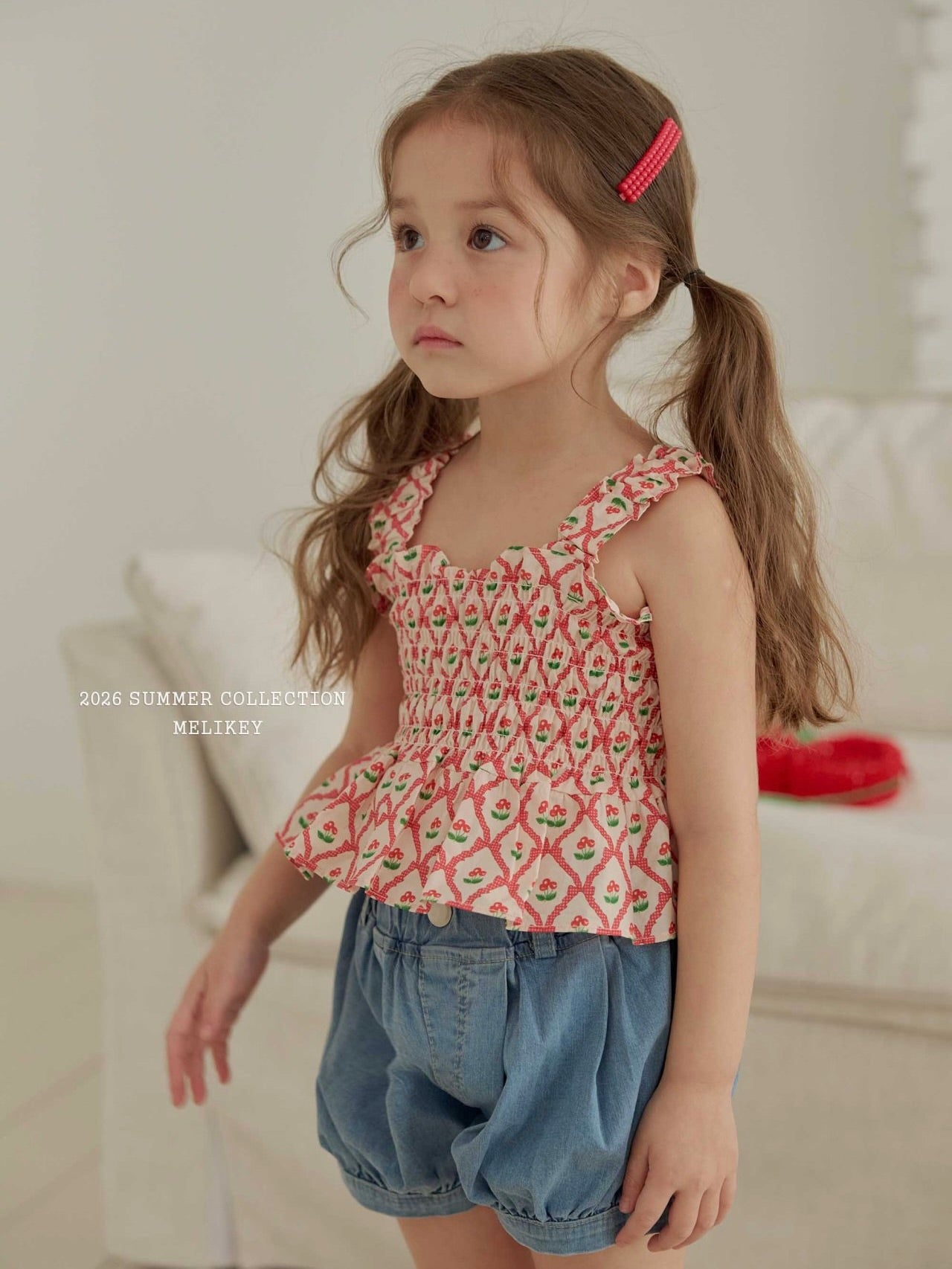 Cherry ribbon tucking blouse