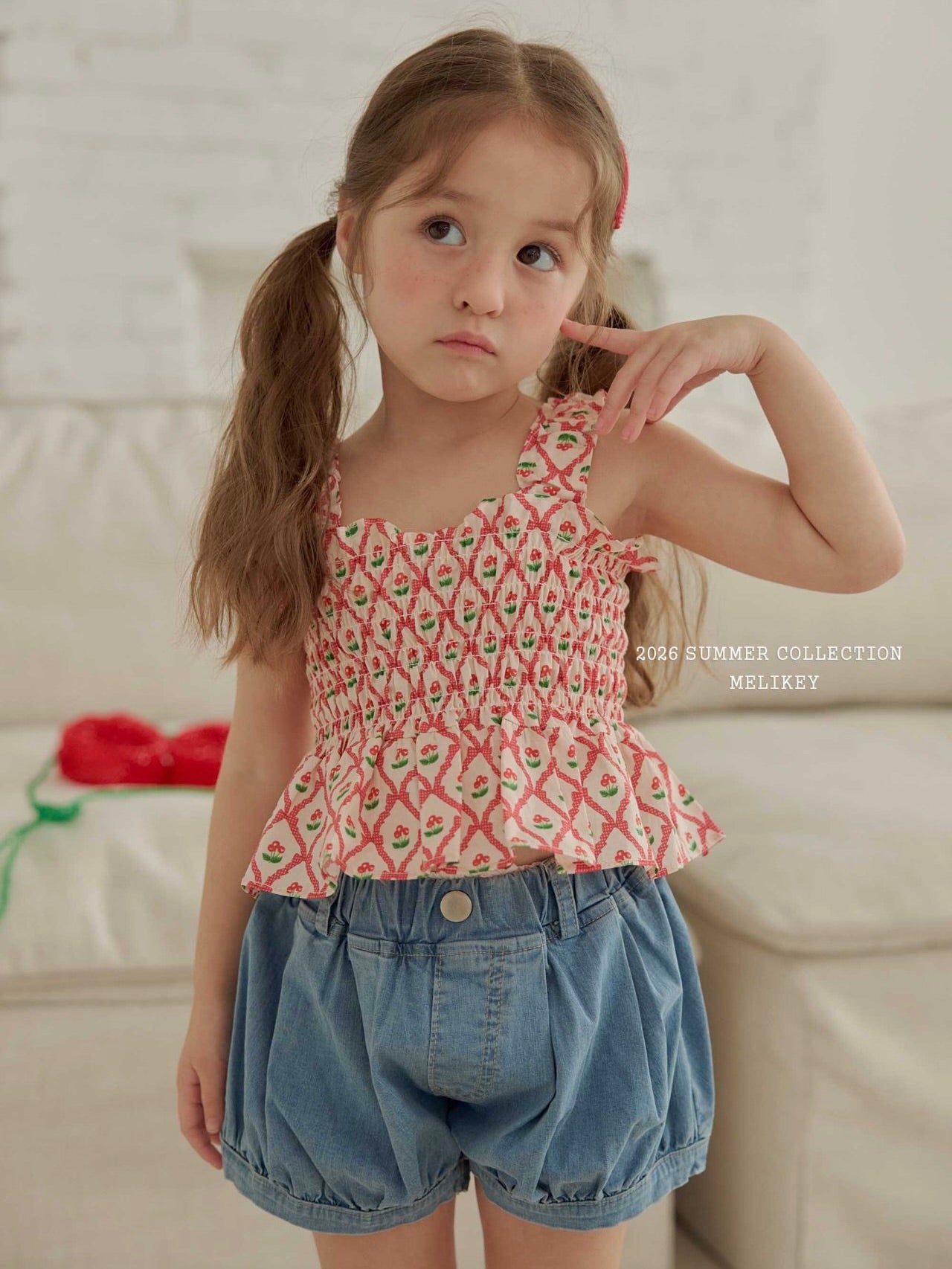 Cherry ribbon tucking blouse