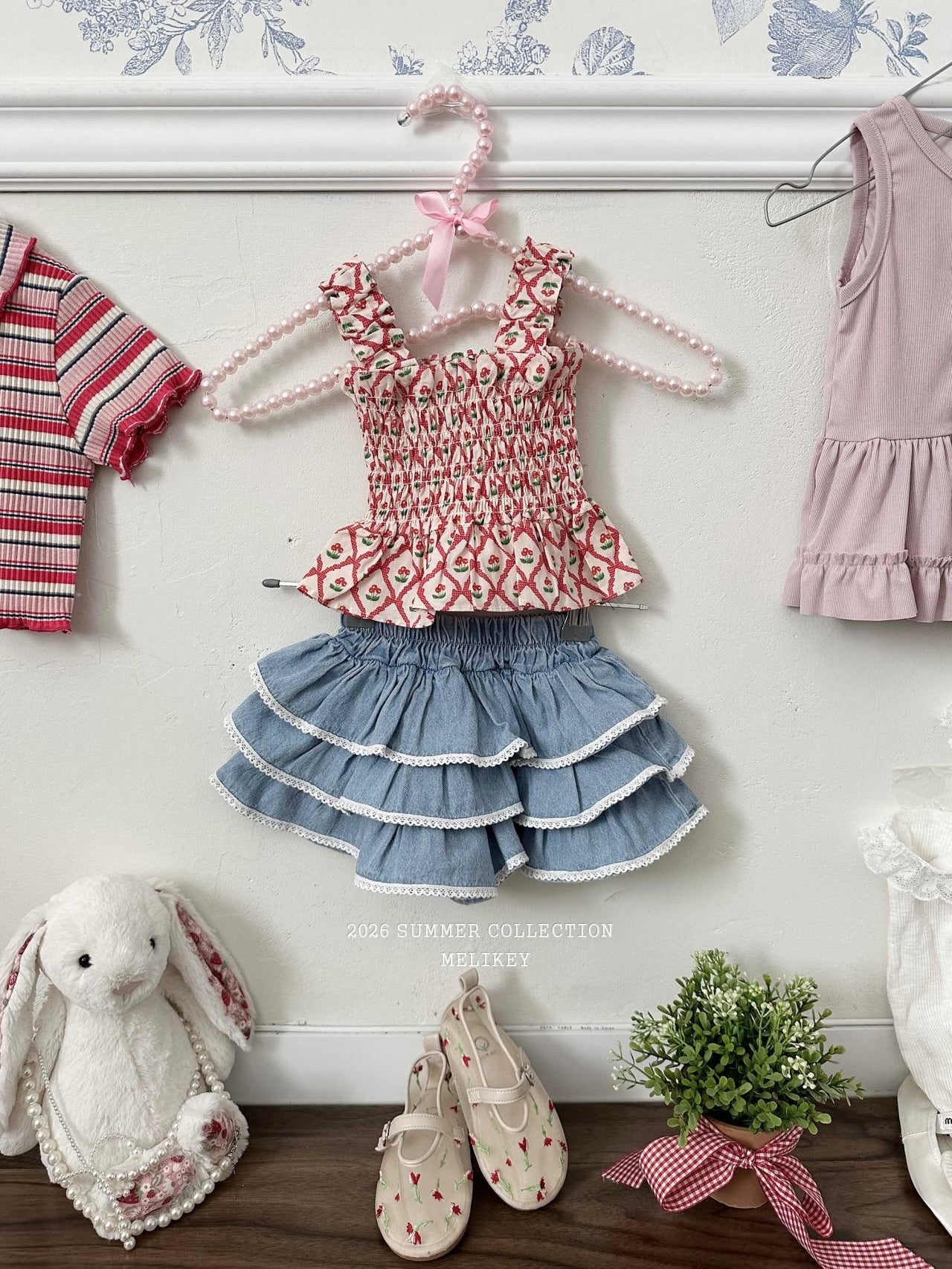 Cherry ribbon tucking blouse