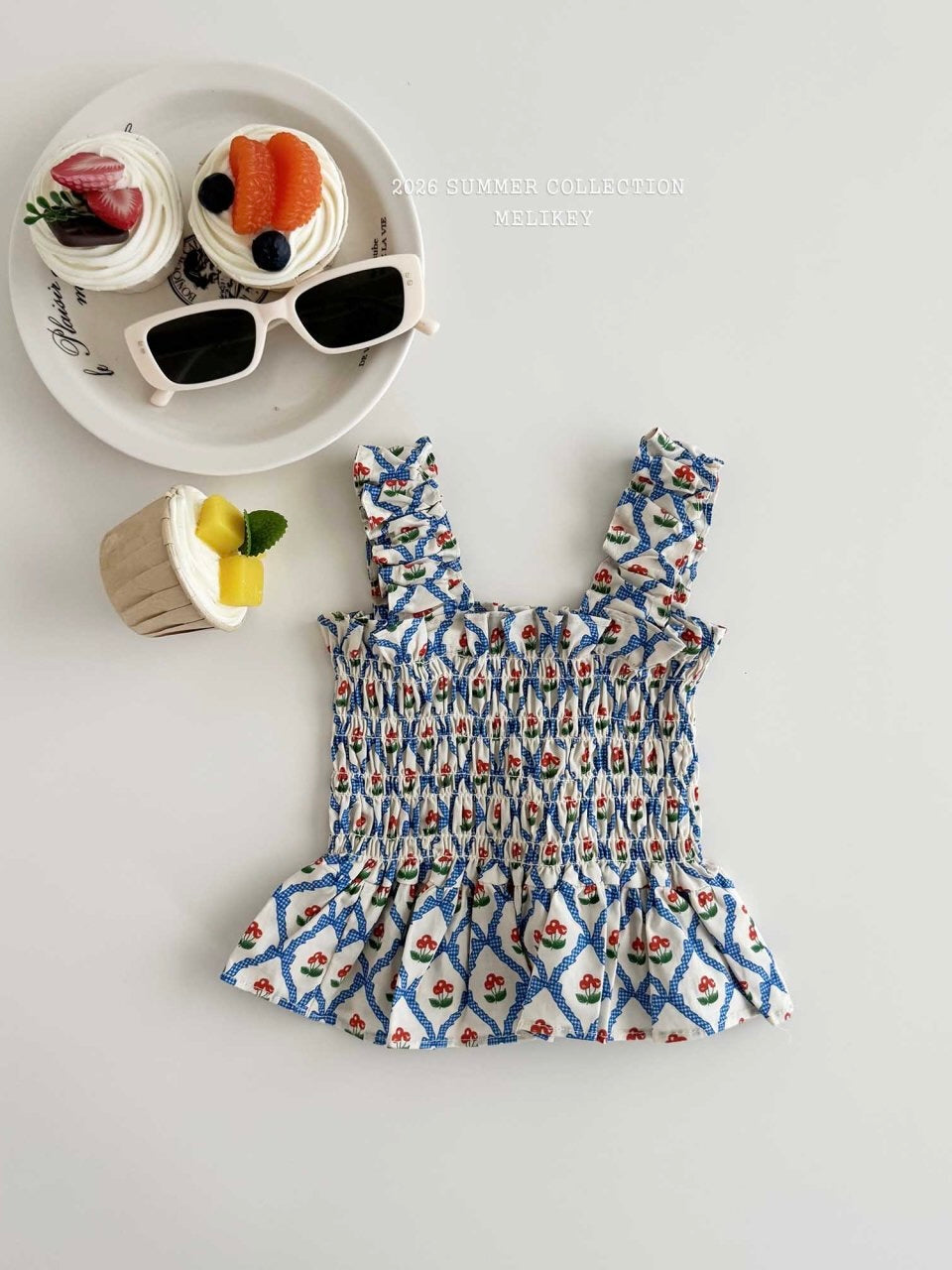 Cherry ribbon tucking blouse