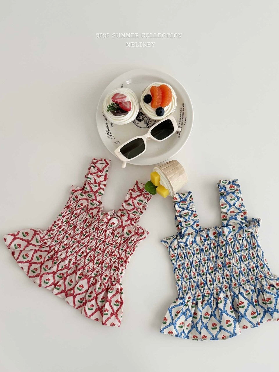 Cherry ribbon tucking blouse