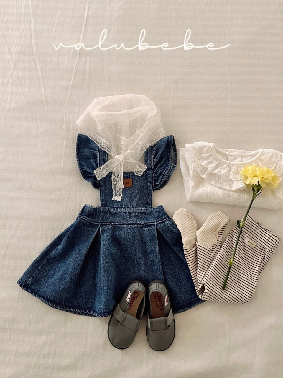 Frill wing denim one piece